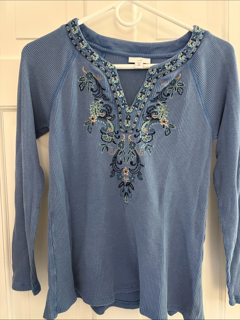 J Jill Waffle Knit Embroidered Blue Waffle-Knit Women's Top XS Petite